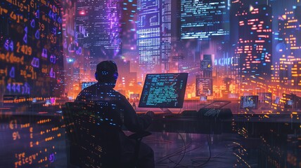 Programmer coder, working on laptop with floating, glowing computer code, creating a futuristic and tech-driven atmosphere.