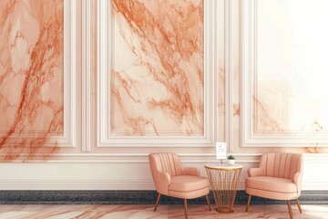 Wall Mural - A stylish waiting area with pink chairs and a marble wall.