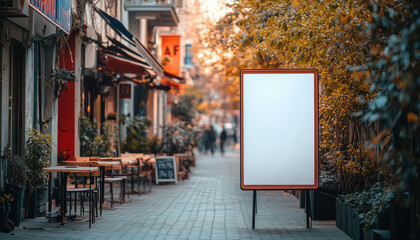 Blank orange advertising billboard standing on a cobblestone street with restaurants