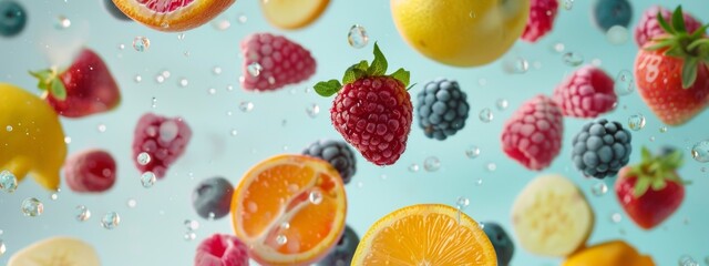 Assorted fruits and berries in water with vibrant colors