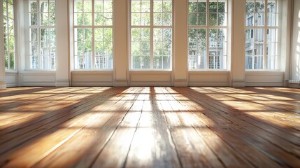 Poster - A spacious room is illuminated by sunlight filtering through large, tall windows. Wooden floors enhance the warm, inviting ambiance of the empty space, suggesting potential uses
