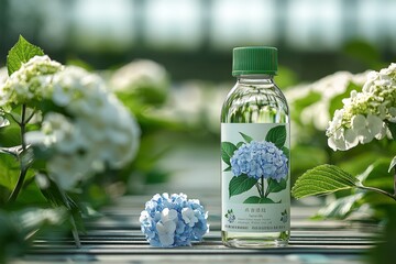 Canvas Print - A bottle of hydrangea fertilizer designed to enhance the blue color of hydrangeas, set among blooming hydrangeas in a garden setting