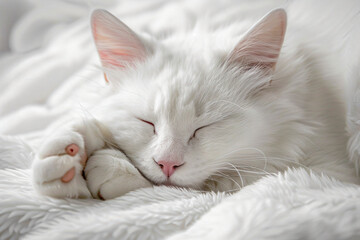 Wall Mural - a white cat is sleeping on a white blanket