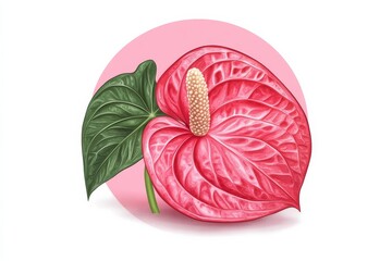 Sticker - A vibrant pink anthurium flower with a green leaf.