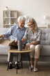 © fizkes - Satisfied senior customers of webstore services unpack box with bought vase. Mature couple sit on sofa open parcel with home decor items, smile, feel contented with fast delivery services and goods