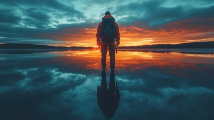 Poster - As the sun sets, a lone person admires the breathtaking colors reflected on the water. The tranquil scene creates a moment of introspection and connection with nature