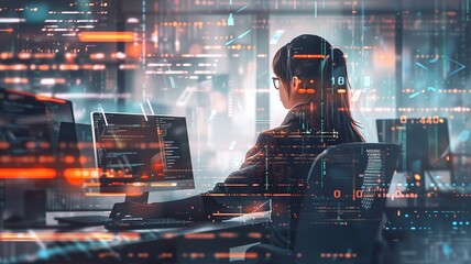 Female Programmer coder, working on laptop with floating, glowing computer code, creating a futuristic and tech-driven atmosphere. Woman in tech.