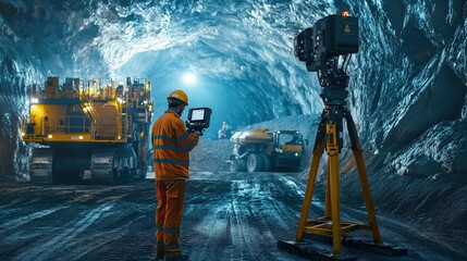 Wall Mural - Mine engineer using a laser scanner to assess tunnel dimensions, surrounded by mining machinery