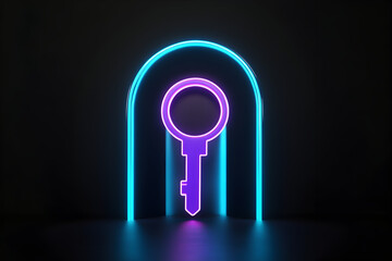 Wall Mural - Neon blue keyhole with glowing purple key isolated on black background