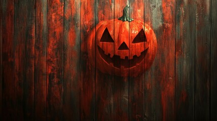 Carved Jack-o'-Lantern Pumpkin on Red Wooden Background