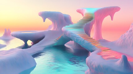 Wall Mural - Surreal landscape with impossible architecture and floating staircases Abstract melting forms surreal colors 3D-rendered structures