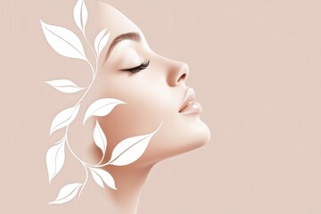 Sticker - A woman with a graceful profile gazes softly to the side, adorned with elegant leaves that highlight her natural beauty in a calming pastel setting for beauty logo