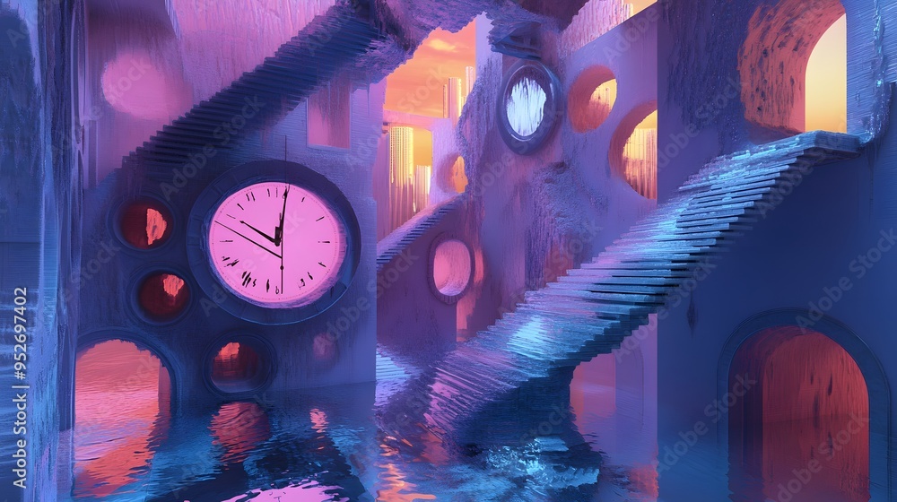Surreal dreamscape featuring melting clocks floating staircases and ...