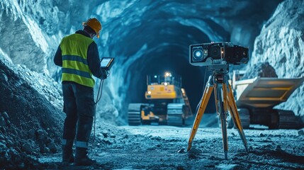 Wall Mural - Mine engineer using a laser scanner to assess tunnel dimensions, surrounded by mining machinery