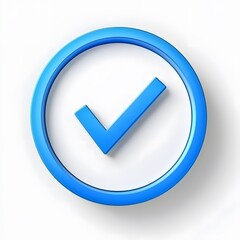 3d check icon, checklist tick, done mark. Vector realistic plastic style checkmark, symbol of selection, confirmation or approval. blue circle with a white, white background