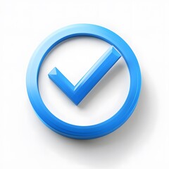 3d check icon, checklist tick, done mark. Vector realistic plastic style checkmark, symbol of selection, confirmation or approval. blue circle with a white, white background