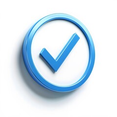 3d check icon, checklist tick, done mark. Vector realistic plastic style checkmark, symbol of selection, confirmation or approval. blue circle with a white, white background