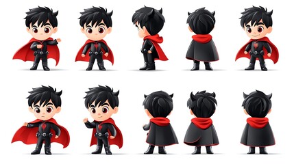 Cute chibi hero character with a red cape and playful expressions in various poses, perfect for animation projects.