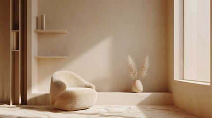 A 3D rendering of a minimal and relaxed space featuring earthy tones, with a beige sheepskin club armchair as the focal point, captured in high-definition realism