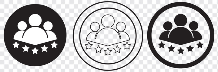 Five star reviews icon. Group of three satisfied customers. Black symbol on transparent background vector illustration.