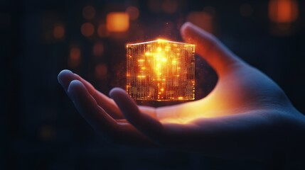Wall Mural - A Hand Holding a Glowing Cube of Data