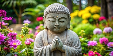 A serene, stone Jizo statue, with gentle features and hands clasped in prayer, stands amidst lush greenery and vibrant flowers in a tranquil outdoor setting.