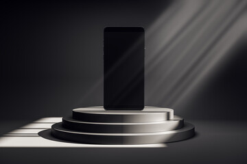 Poster - Smartphone on round podium with dark background and light rays. 3D Rendering