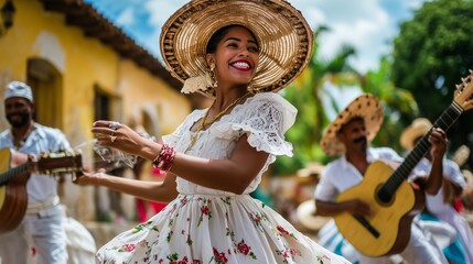 A young beautiful Cuban woman is dancing on the street of Havana in a national bright dress and a big hat. She is smiling and happy.