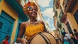 © Veronika - A beautiful Cuban woman in a bright yellow national dress smiles on the street of Havana and beats a drum
