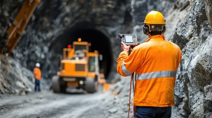 Wall Mural - Mine engineer using a laser scanner to assess tunnel dimensions, surrounded by mining machinery