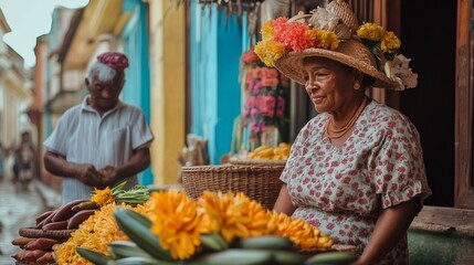 A woman sells fruits and flowers at a market on the street of Havana. The atmosphere of Cuba, bright colors, carefree, sun