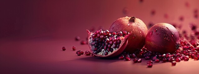 Wall Mural - Pomegranate with scattered seeds on a rich red background