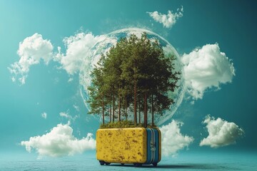 Wall Mural - A yellow suitcase with trees growing out of it, against a backdrop of a blue sky, clouds, and a giant globe.