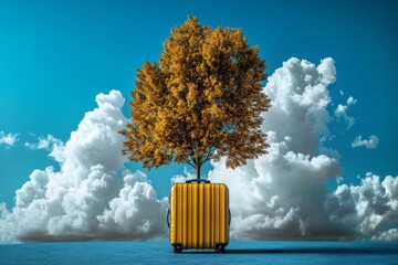 Poster - A yellow suitcase with a tree growing out of it against a blue sky with fluffy clouds.