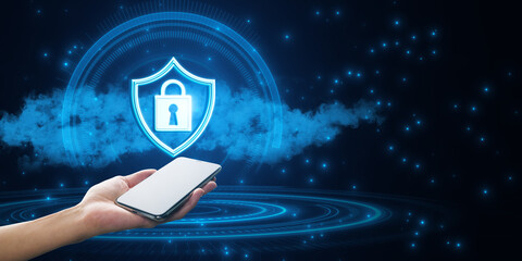 Wall Mural - Digital cybersecurity concept with smartphone and lock icon on blue tech background.