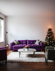 Wall Mural - Purple sofa, white walls, living room, decorated with Christmas decor, Christmas tree, wooden coffee table, large window