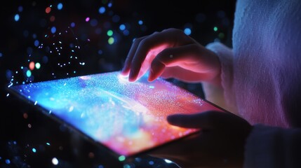 Wall Mural - A Hand Interacting With A Glowing Tablet Screen