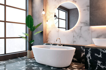 Wall Mural - Modern luxury bathroom with marble tiles, circle mirror, and bathtub. 3D Rendering