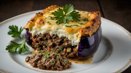 Wall Mural - A Greek dish of layered eggplant, ground lamb, and béchamel sauce, baked to golden perfection and garnished with parsley