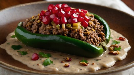 Wall Mural - A Mexican dish of poblano peppers stuffed with picadillo (a mixture of ground meat, fruits, and spices), topped with a creamy walnut sauce and pomegranate seeds