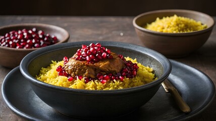 Wall Mural - A Persian stew made with chicken, pomegranate molasses, and ground walnuts, served with saffron rice and garnished with fresh pomegranate seeds