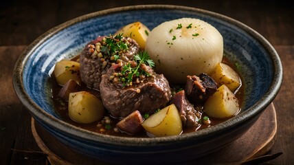 Wall Mural - A traditional Scottish dish made with sheep's offal, oats, and spices, encased in a sheep's stomach and boiled, served with neeps and tatties (turnips and potatoes)