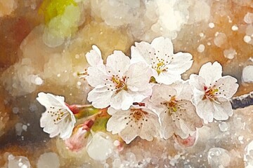 Wall Mural - Delicate cherry blossoms painted in watercolor.