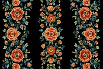 Poster - Embroidered floral pattern with a black background.