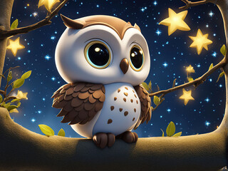 Wall Mural - A cute cartoon owl perched on a tree branch, gazing up at a starry night sky.