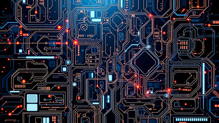Wall Mural - abstract circuit board with glowing lines and red dots