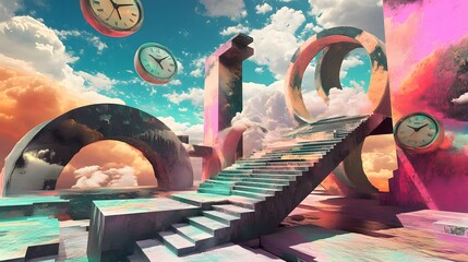 Wall Mural - Surreal landscape with impossible architecture and melting clocks Abstract surreal colors floating staircases 3D-rendered structures