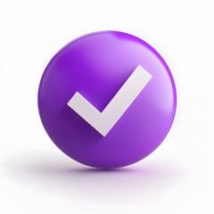 
3d check icon, checklist tick, done mark. Vector realistic plastic style checkmark, symbol of selection, confirmation or approval. Purple circle with a white, white background