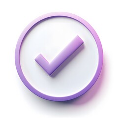 
3d check icon, checklist tick, done mark. Vector realistic plastic style checkmark, symbol of selection, confirmation or approval. Purple circle with a white, white background