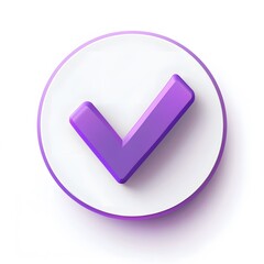 
3d check icon, checklist tick, done mark. Vector realistic plastic style checkmark, symbol of selection, confirmation or approval. Purple circle with a white, white background